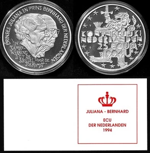 Netherlands 25 Ecu Silver Proof 1994 Queen Mother X#75.2 w/o Fineness B1005 - Picture 1 of 10
