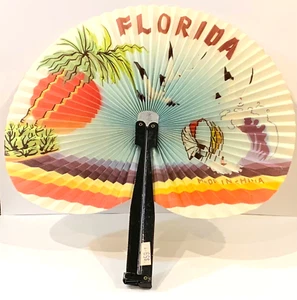 Vintage Folding Paper Hand Fan For Purse Florida Metal Handle - Picture 1 of 3