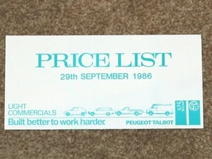1986 PEUGEOT TALBOT LIGHT COMMERCIALS PRICE LIST - 205/305 Van 504 P/Up Express - Picture 1 of 3