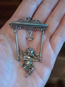 VERY UNIQUE ☆ Vtg THAILAND STERLING Silver Swinging ANGEL PIN Brooch I LOVE YOU - Picture 1 of 4