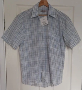 CHEROKEE Shirt S White Collared Button Fastener Short Sleeve Blue Check New WT - Picture 1 of 14