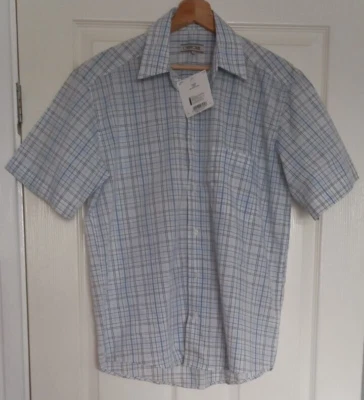 CHEROKEE Shirt S White Collared Button Fastener Short Sleeve Blue Check New WT - Image 1 of 4