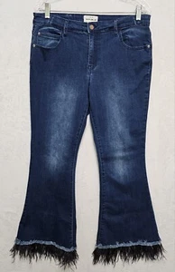 Pantalones de mezclilla azules elásticos para The Republic Bell Bottom con dobladillo de plumas Boa talla 14 - Imagen 1 de 7