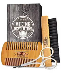 Viking Revolution Beard Comb & Beard Brush Set for Men - Natural Boar Bristle - Picture 1 of 7