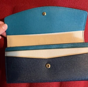 NWOT Michael Kors Saffiano Leather Envelope Navy Teal Blue Credit Card Zipper - Picture 1 of 6