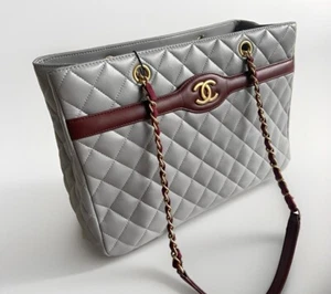 CHANEL 2013 Grey Burgundy Leather Tote Bag Handbag Chain Logo - Picture 1 of 10
