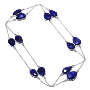 Blue Sapphire Gemstone Necklace Handmade Beautiful Pear Shape Chain Jewelry 36" - Picture 1 of 9