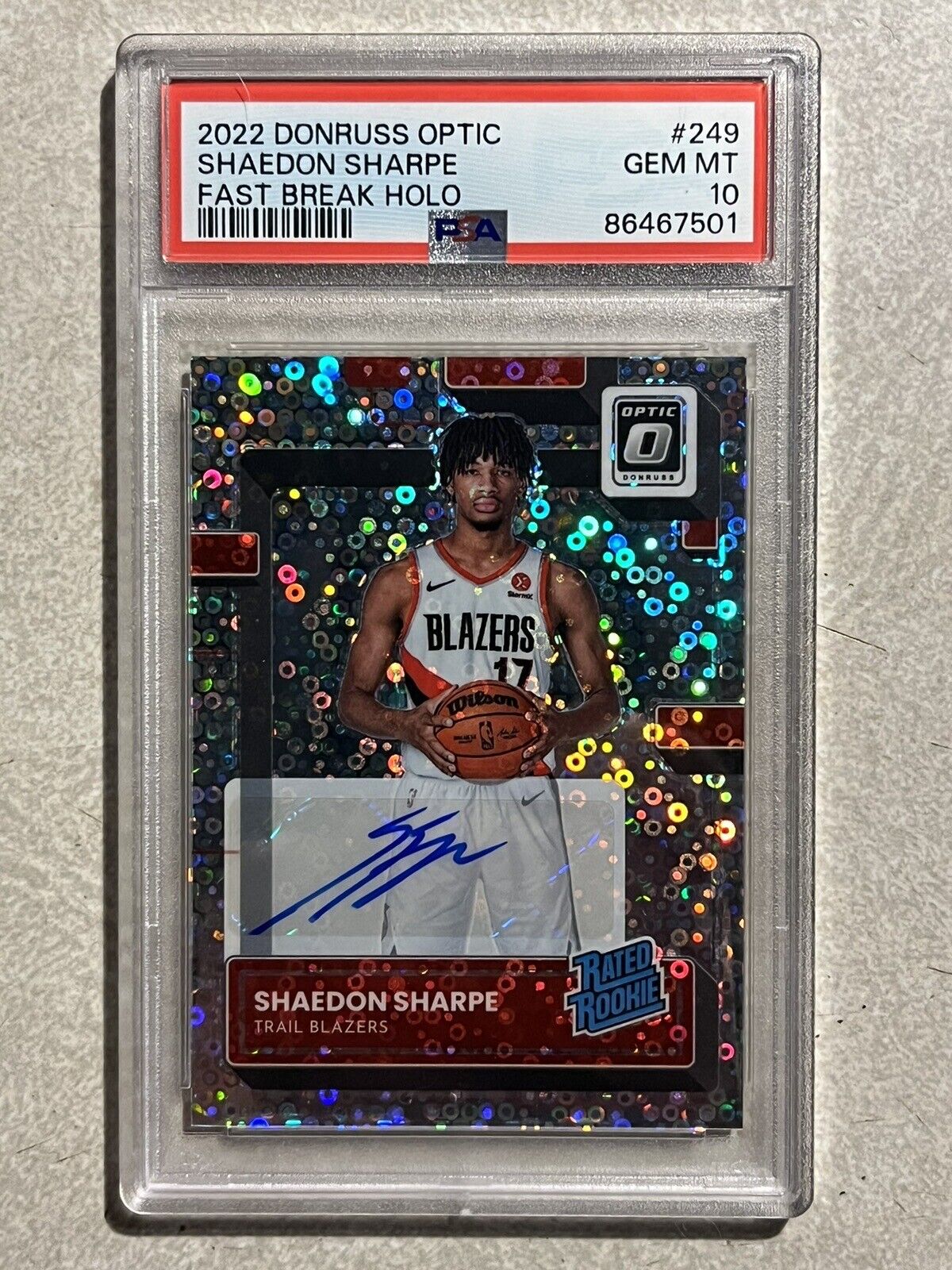 2022-23 Donruss Optic Shaedon Sharpe Fast Break Holo Rated Rookie AU PSA 10 #249