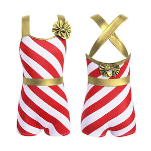 Kids Girls Christmas Candy Cane Striped Sequins Dance Unitard Festival Costumes