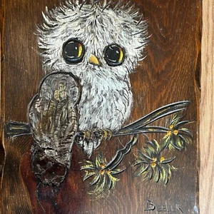 Eule Gemälde auf Holz signiert Beeler Kunst Vintage Hängedeko Hütte Bauernhaus Kinderzimmer - Bild 1 von 12