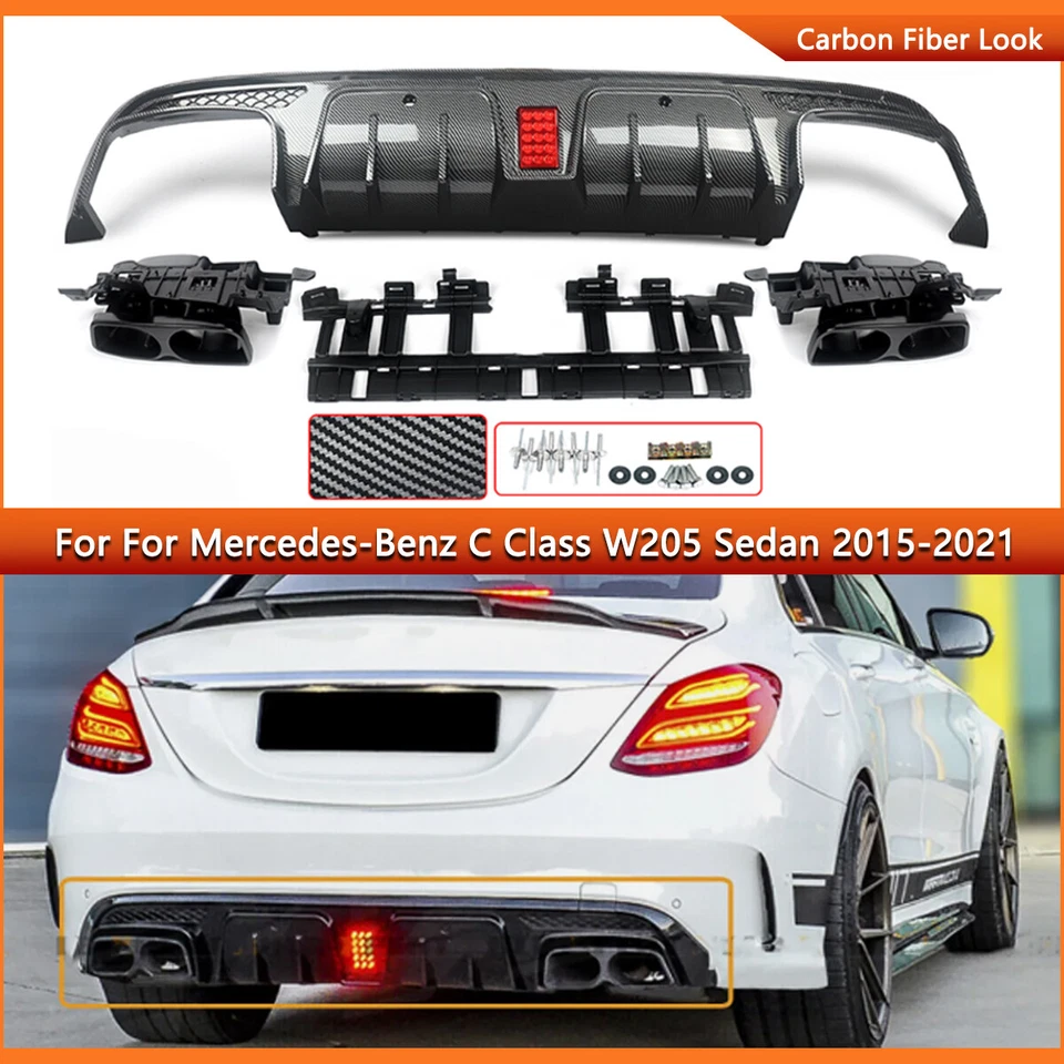 For Mercedes-Benz W205 C43 C63 C300 C450 Bumper Diffuser Exhaust Tips W/Light - Изображение 1 из 4