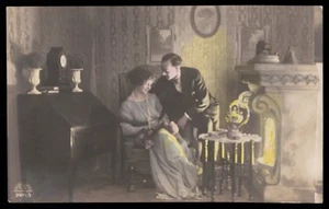 Set of 4 Vintage original photo postcard 1910s love couple fireplace flirt - Picture 1 of 8