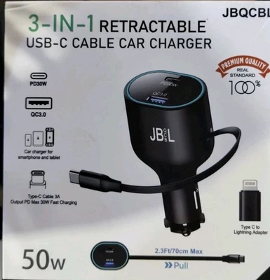 Retractable Car Charger 3 in 1 Fast Car Phone Charger 50W USB Type C Cable JB L - Image 1 of 4