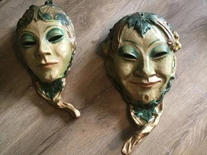 Two Vintage Handmade Male/Female Oriental Papier-mâché Masks, gold/green - Picture 1 of 9