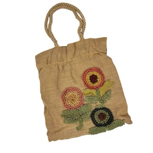 J Crew VTG Jute Bag Flower Detail Y2K Cottagecore Boho Earthy Natural Tan - Picture 1 of 10