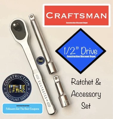 Craftsman 1/2" Full Polish CMMT86723 Low Profile Ratchet & Extension Set - Image 1 of 2