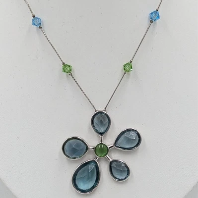 Collar Petalescente Lia Sophia Tono Plata Azul Verde Flor 16" Brillo Foto 1 de 4