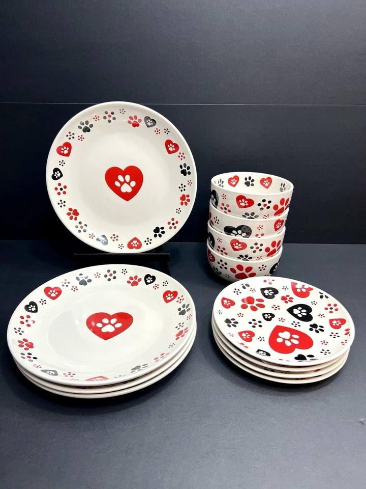 12 peças de louça Temp-tations não usadas PAWFETTI impressão de pata prato de salada de jantar tigela - Imagem 1 de 4
