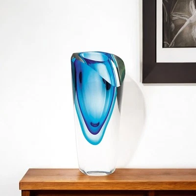 Jarrón de mesa de cristal sin plomo cilindro abstracto transparente y azul de 10" Foto 1 de 4