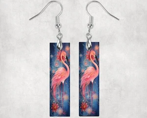 Pink Flamingo on Blue Earrings Print Wood Bar Printed Earrings Jewelry - Picture 1 of 8