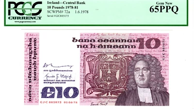 Ireland 10 Punt 1978 PCGS Gem UNC-65 PPQ Banknote P-72a Prefix GJC Paper Money - Image 1 of 2