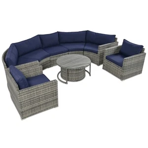 9-PCS Outdoor Half-Moon Patio Sofa Set, Round Sofa Set Gray Wicker Blue Cushion - Picture 1 of 10