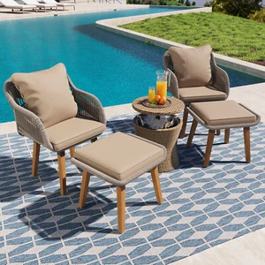 5Pieces Patio Bistro Set Outdoor Patio Chairs+Cool Bar Side Table Ottomans Brown - Picture 1 of 9