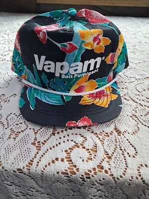 Vtg Vapam Fumigant Hat Floral Tropical Hawaii Theme Hibiscus Snapback Rope Cap - Image 1 of 4