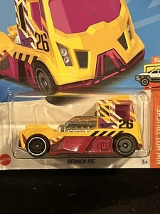 Hot Wheels Rennin Rig Flat Nose Drag Semi Truck Yellow Diecast Sealed NM Cond - Picture 1 of 2