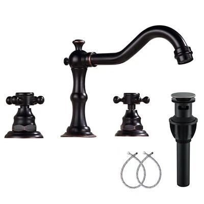 Oil Rubbed Bronze Bathroom Faucet 3 Hole Sink Vanity Mixer Faucet Tap with Drain - Image 1 of 4