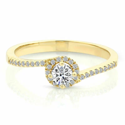 14K Real Solid Gold Solitaire Round Halo Dainty Classic Engagement Wedding Ring - Image 1 of 4