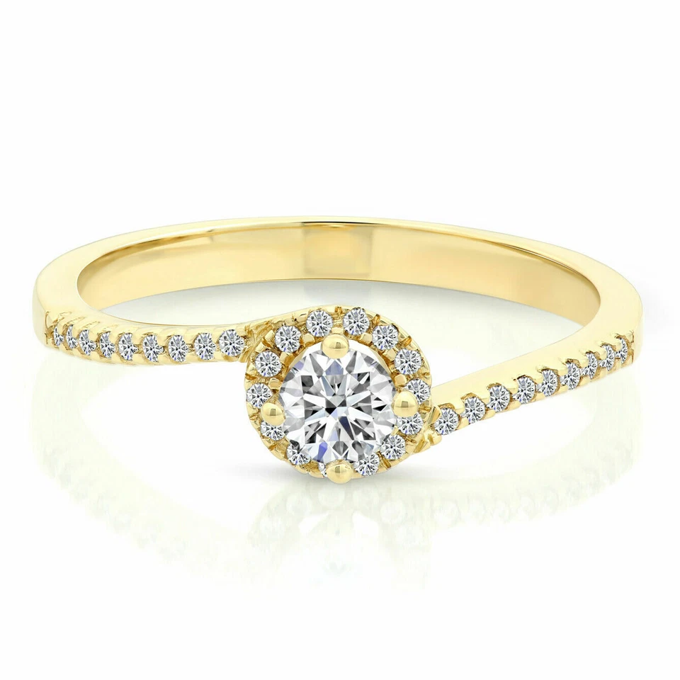 14K Real Solid Gold Solitaire Round Halo Dainty Classic Engagement Wedding Ring - Image 1 of 4