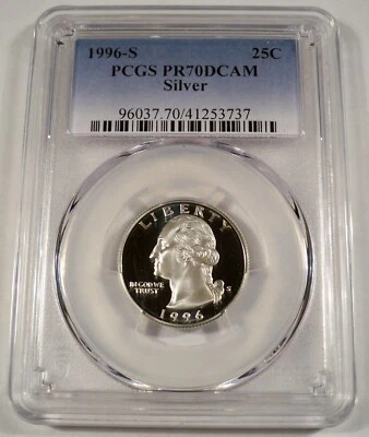 1996-S 25c SILVER PCGS PR70DCAM WASHINGTON QUARTER PROOF DEEP CAMEO PR 70 DC - Image 1 of 3
