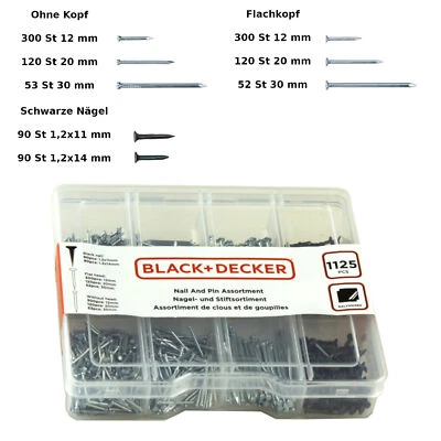 BLACK + DECKER Nagel und Stiftsortiment Nägelsortiment Stahlstifte 1125 Teile 11-30 mm