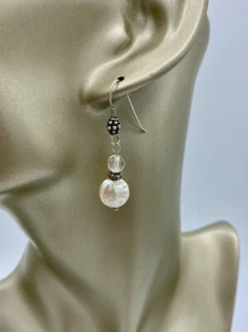 Premium Grade White Coin Pearl Drop Earrings With Crystal On Sterling Silver - Picture 1 of 2