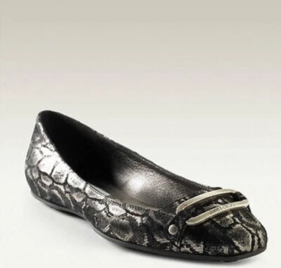 Jimmy Choo TULITA Shimmer SNAKE Logo Buckle Flats EU 37 US 7 Black Silver - Image 1 of 4