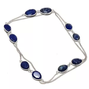 Natural Blue Sapphire 925 Solid Silver Engagement Chain Wife Necklace Jewelry - Picture 1 of 7