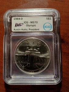 1984 D MS 70 USA Olympic Silver Commemorative $1-ICG Hutto Signed White Label - Picture 1 of 4