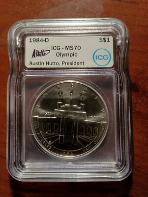 1984 D MS 70 USA Olympic Silver  Commemorative $1-ICG Hutto Signed White Label - Image 1 of 4