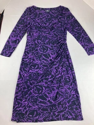 American Living Purple Floral Faux Wrap V Neck Midi Dress Ruched Size 6 Fitted - Image 1 of 4