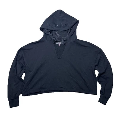 Victorias Secret Womens M Black Cropped Hoodie Pullover Sweatshirt Cotton Blend - Image 1 of 4