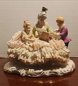 Vintage DRESDEN Porcelain Lace Figurine Mother Reading with Children GERMANY - Picture 1 of 21