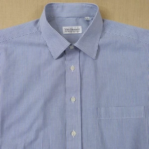 Van Heusen Blue Striped Cotton Blend Shirt 17.5 Inch Collar Double Cuff For Link - Picture 1 of 10