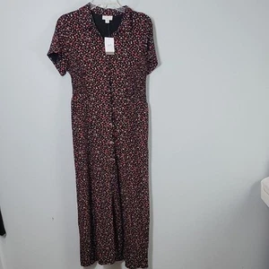 Maxi Vestido J. Jill Negro Rojo Elástico Jersey Ditsy Floral Cuello Camisa MP - Imagen 1 de 6