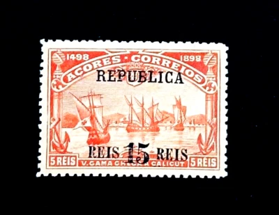 Sello Portugal AZORES - 1911 Calicut Llegada Barco Vía Marítima Sobreimpresión Sn 142 MH r25 Foto 1 de 2