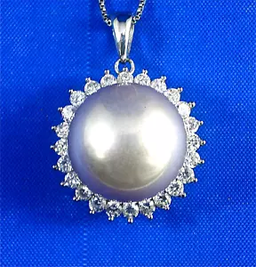 STERLING SILVER CZ SET SIMULATED WHITE PEARL PENDANT, 18" CHAIN - Picture 1 of 5