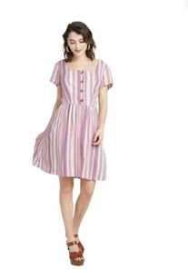 Xhilaration Women's Striped Short Sleeve Button-Front Pink Mini Dress XL New - Picture 1 of 12