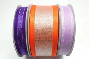 Valentines Day Sale! 5/8"+5/8"+1.5"Yd Metallic Orange & Purple sheer Ribbon Set - Picture 1 of 1