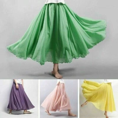 Damen Leinen Baumwolle Maxi Rock Lang A-Linie Plissiert Ethnisch Strand Vintage - Bild 1 von 4