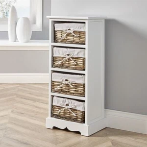 White Wooden Storage Unit 4 Drawer Chest Water Hyacinth Basket Fully Assembled - Picture 1 of 5